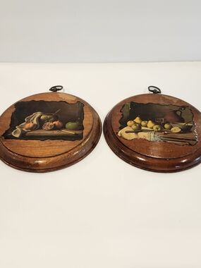 Vintage Decopage Fruit Still Life Round Wood Wall Plaques